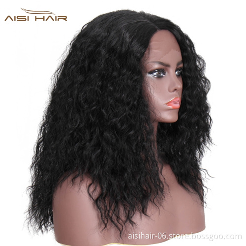Aisi Hair Wholesale Hot Selling Shoulder Length Fluffy Curly Fiber Pre Plucked Synthetic Hair For Black Women Lace Front Wig